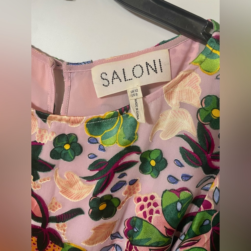 SALONI Silk Floral Ruffle Mini Dress Multicolor Light Pink Lined Slip Size 8 - Picture 9 of 13